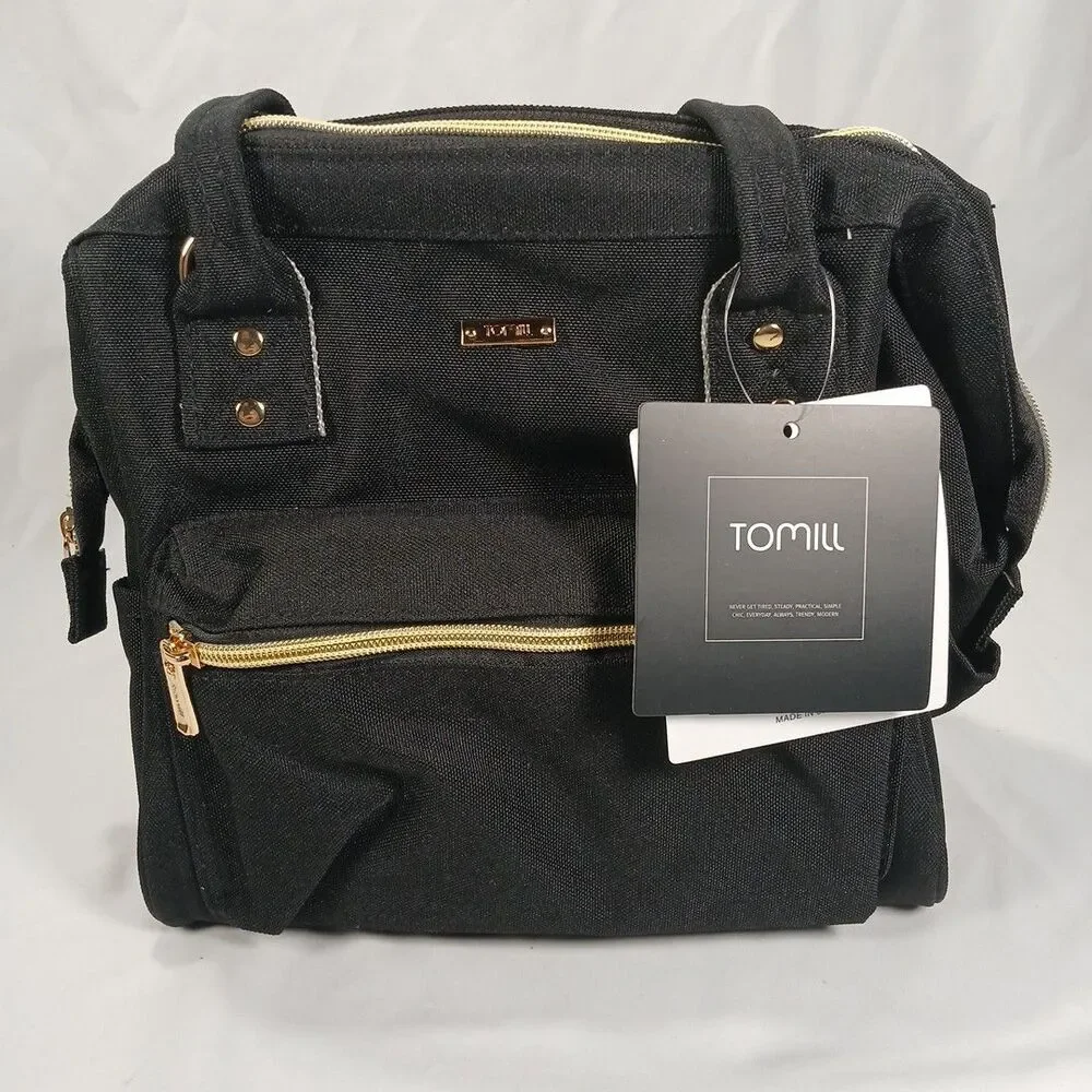 Tomill Insulated Cooler Lunchbox Tote Bag Black with Gold Zippers New Tags